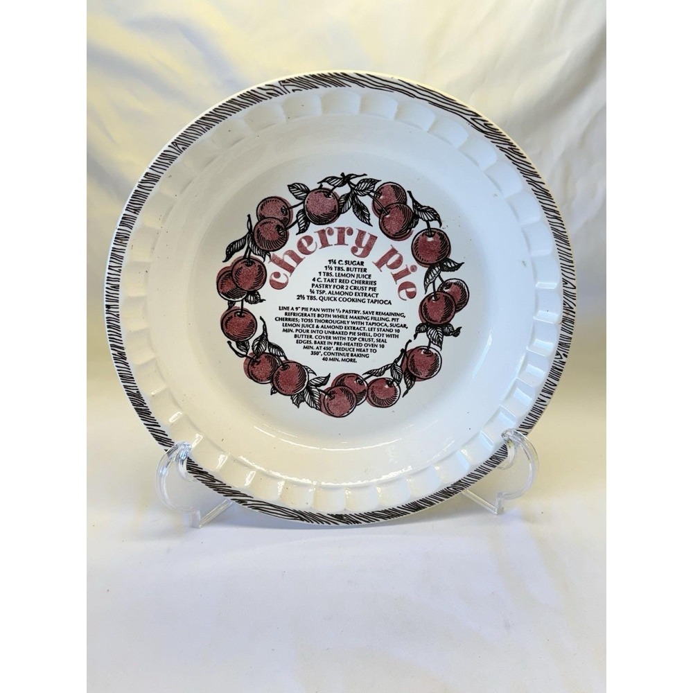 VTG Cherry Pie Recipe Ceramic Pie Dish White Red Black Made In USA